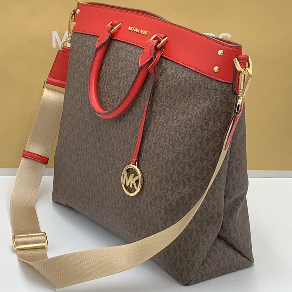 Michael Kors Jet Set Travel Large North South Tote Bag Brown MK Logo Fla… - Picture 3 of 16